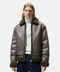 Mens Zara Classic Green Shearling Coffee Brown Leather Aviator Fur Bomber Jacket