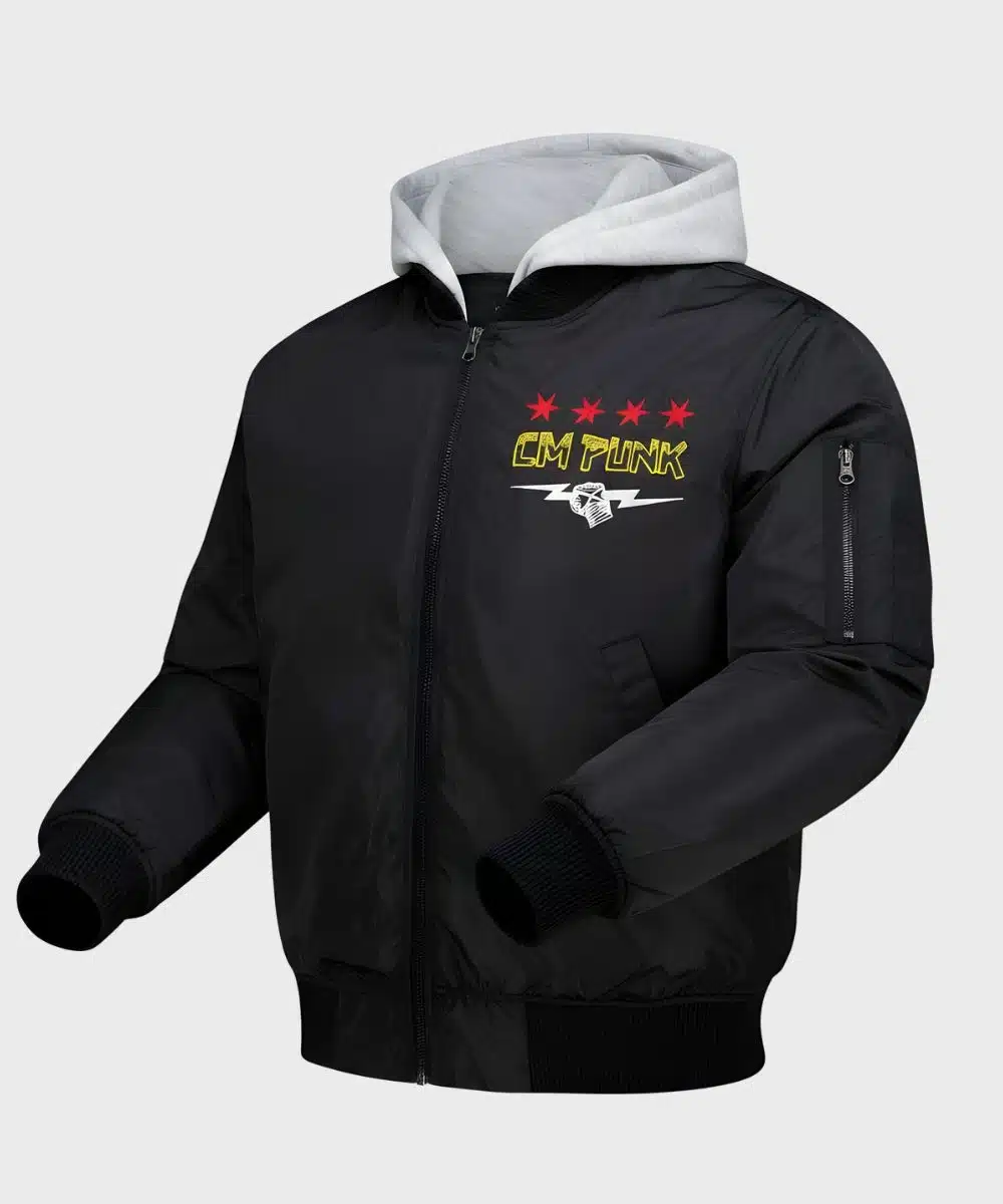 WWE Superstar CM Punk White Hooded with Zipper Black Jacket