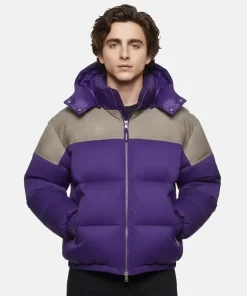 Marty Supreme NYC BAFTA Screening Timothée Chalamet Purple Hooded Puffer Jacket