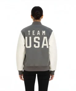 Mitchell & Ness Team USA Coach Snoop Full-Snap Varsity Bomber Jacket – Grey & Cream