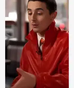 Shop Marty Supreme Timothee Chalamet Red Oversized Leather Bomber Jacket