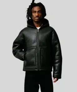 Stussy Shearling Black leather Hooded Jacket