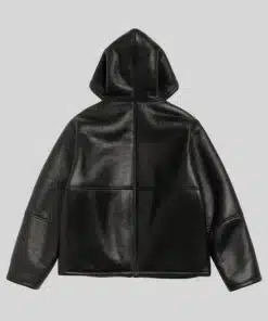 Stussy Shearling Hooded Zip Up Black Leather Jacket