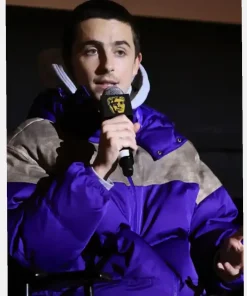 Timothee Chalamet Marty Supreme BAFTA Screening Purple Satin Puffer Hooded Jacket