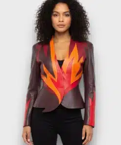dua lipa Vintage Flame Color Block Leather Jacket